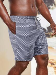 Manfinity Men Allover Geo Print Drawstring Waist Patched Detail Swim Trunks - Multicolor - View 4