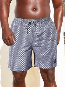 Manfinity Men Allover Geo Print Drawstring Waist Patched Detail Swim Trunks - Multicolor - View 5