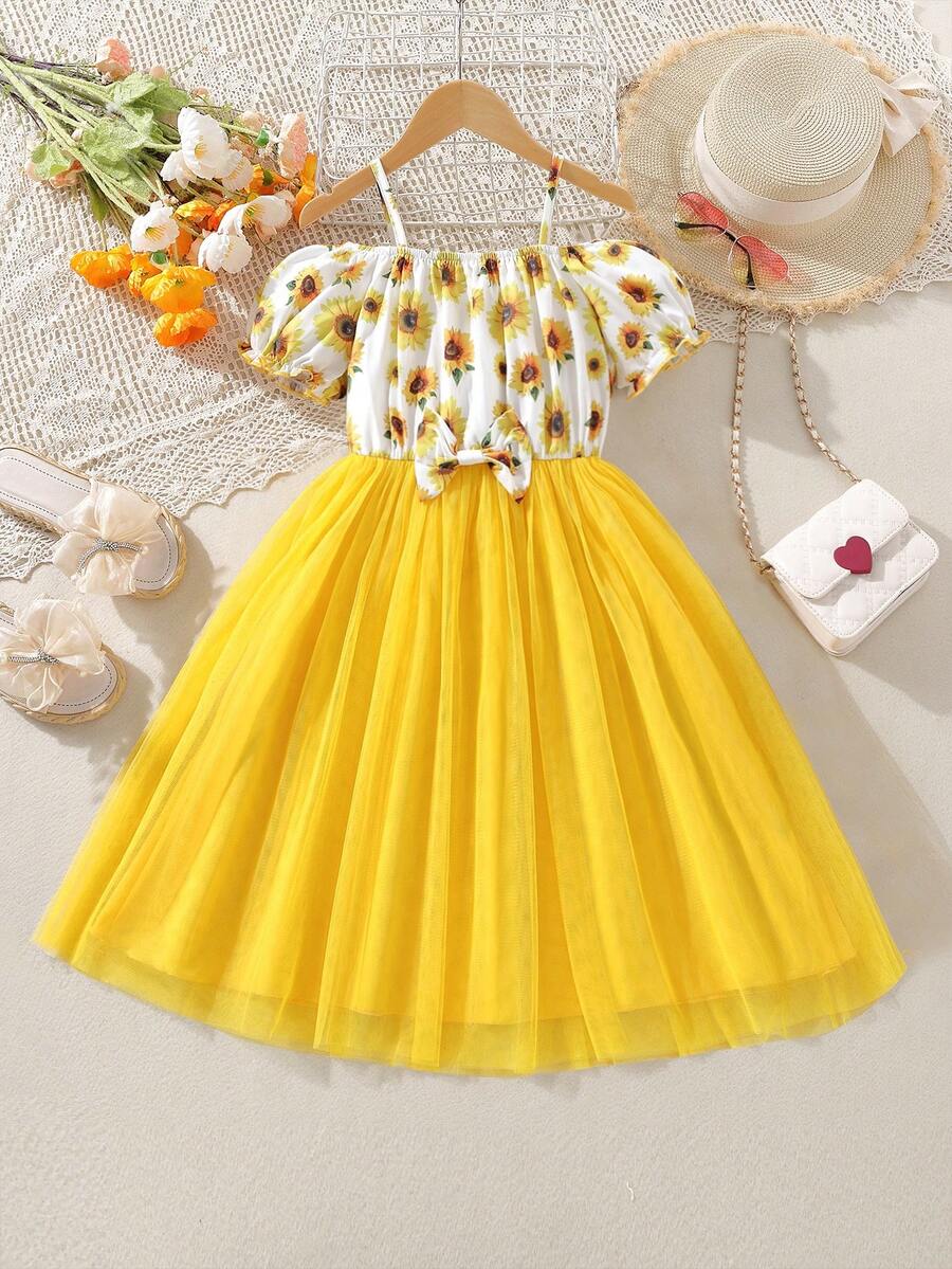 女孩印花挖肩網紗覆蓋洋裝 - 黃色 - 查看 1