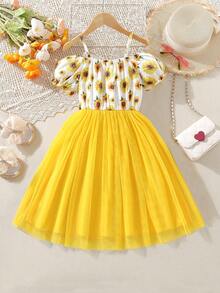 女孩印花挖肩網紗覆蓋洋裝 - 黃色 - 查看 2