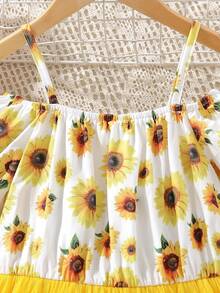 女孩印花挖肩網紗覆蓋洋裝 - 黃色 - 查看 6