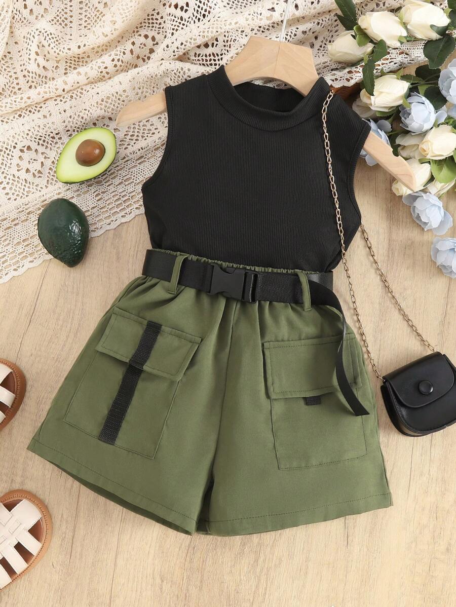 Tween Girl Mock Neck Tank Top & Flap Pocket Shorts Set - Multicolor - View 1