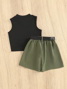 Tween Girl Mock Neck Tank Top & Flap Pocket Shorts Set - Multicolor - View 2