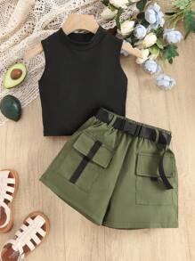 Tween Girl Mock Neck Tank Top & Flap Pocket Shorts Set - Multicolor - View 4