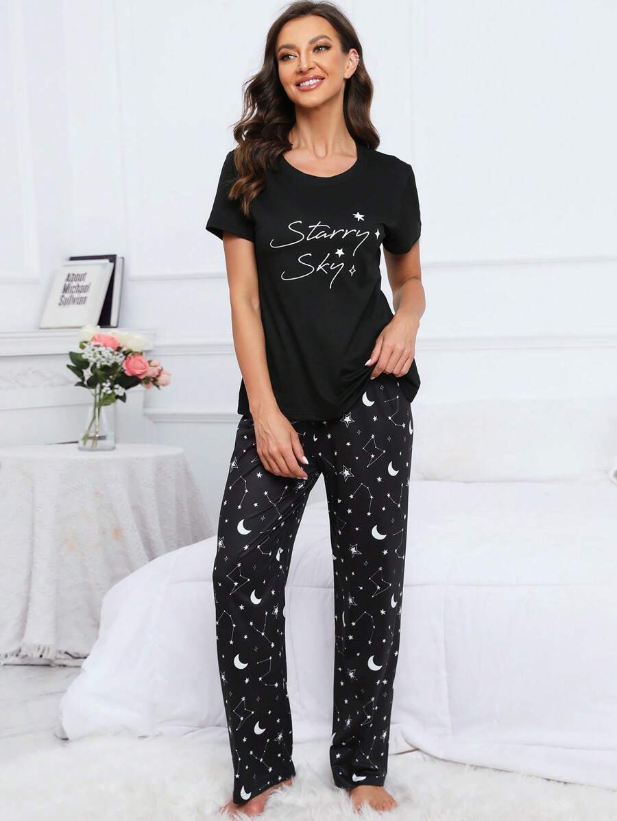 银河印花睡衣套装/睡衣套装 - 黑色 - 查看 1