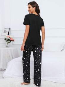 银河印花睡衣套装/睡衣套装 - 黑色 - 查看 2