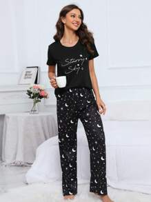 银河印花睡衣套装/睡衣套装 - 黑色 - 查看 4