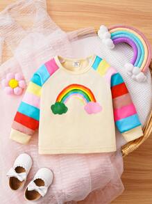 SHEIN Baby Rainbow Striped & Cartoon Graphic Raglan Sleeve Sweatshirt - Multicolor - View 1