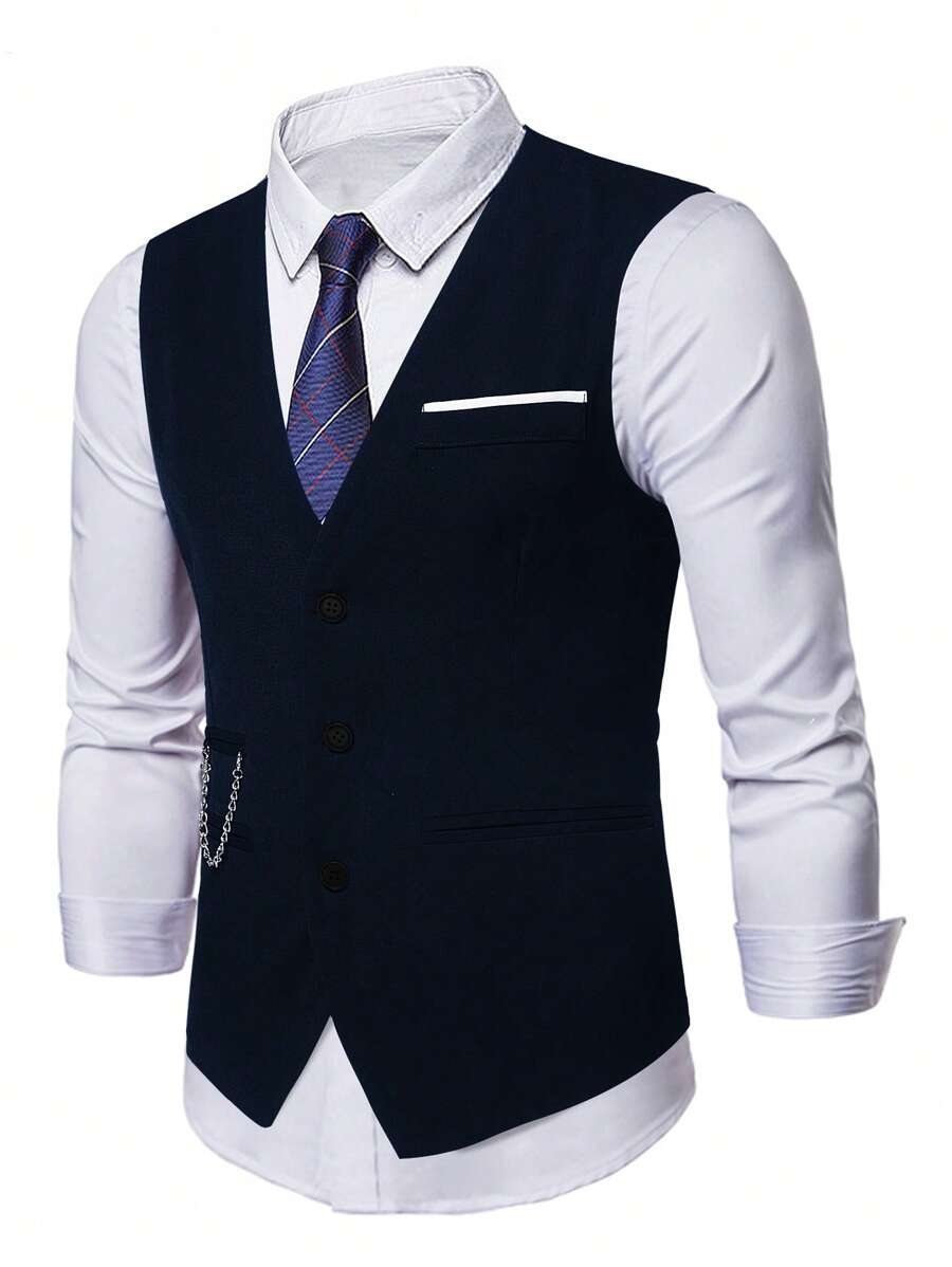 Manfinity Mode 男士1入組鏈條細節前排扣馬甲 - 藏蓝色 - 查看 1