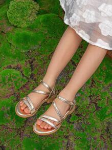 Girls Metallic Chunky Heeled Ankle Strap Sandals For Summer - Gold - View 3
