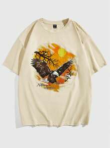 Manfinity Roghcode 男士鷹和標語圖案落肩T恤 - 米色 - 查看 5