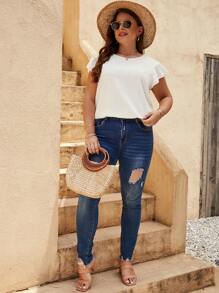 SHEIN LUNE 加大码瑞士圆点蝴蝶袖衬衫舒适 - 白色 - 查看 4