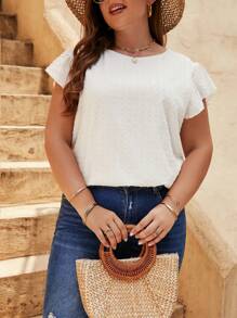 SHEIN LUNE 加大码瑞士圆点蝴蝶袖衬衫舒适 - 白色 - 查看 5