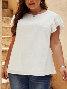 SHEIN LUNE 加大码瑞士圆点蝴蝶袖衬衫舒适 - 白色 - 查看 6