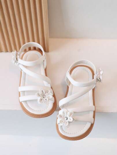 Girls Flower Decor Ankle Strap Sandals For Summer