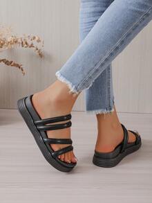 女性多帶優雅黑色厚底涼拖適合夏天 - 黑色 - 查看 2