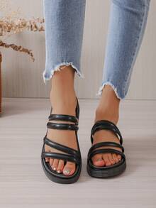 女性多帶優雅黑色厚底涼拖適合夏天 - 黑色 - 查看 4