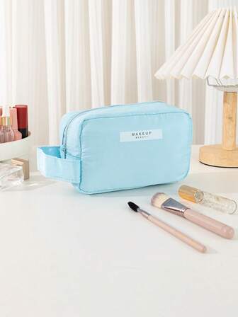 字母图案大容量化妆包，蓝色大容量收纳包，便携旅行适用，女士礼物，圣诞礼物，女士送礼佳品