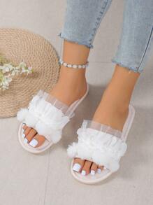 女士荷葉邊家庭時尚淺褐色織物臥室拖鞋 - 米色 - 查看 1