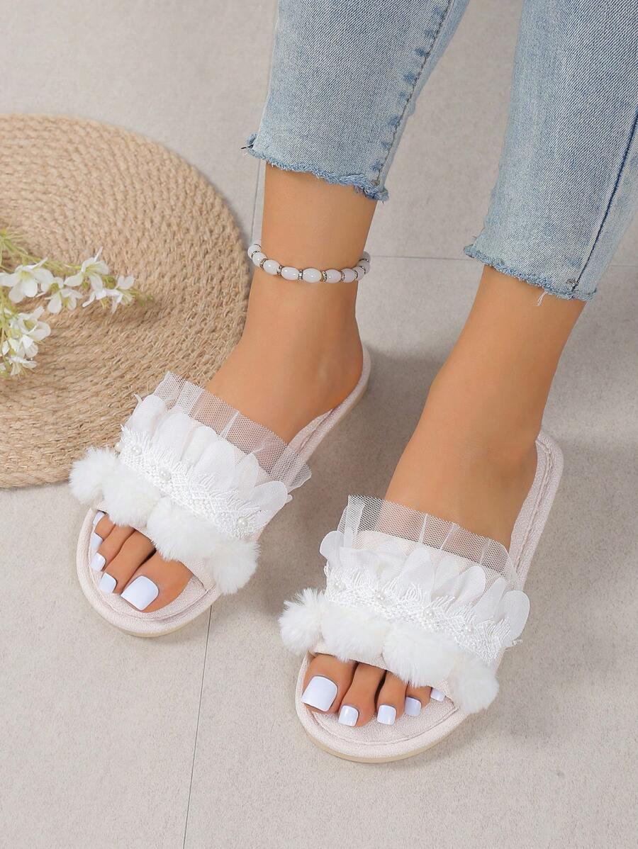 女士荷葉邊家庭時尚淺褐色織物臥室拖鞋 - 米色 - 查看 1