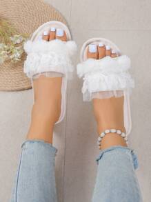 女士荷葉邊家庭時尚淺褐色織物臥室拖鞋 - 米色 - 查看 3