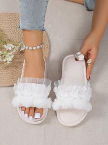 女士荷葉邊家庭時尚淺褐色織物臥室拖鞋 - 米色 - 查看 5