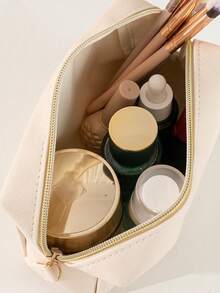 中号八角形化妆包，1 件 PU 便携式化妆包纯色米色八角形包旅行化妆包大容量收纳包男女通用化妆包化妆袋护肤包洗漱包收纳袋，旅行必需品邮轮必需品宿舍必需品化妆包收纳化妆品收纳盒化妆盒 - 米色 - 查看 5