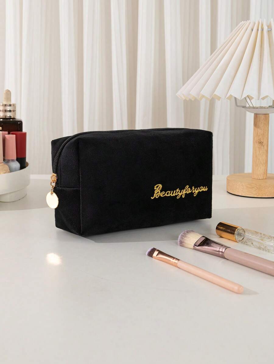 Letter Graphic Large Capacity Makeup Bag,Black Octagonal Cosmetic Bag Polyester Storage Cosmetic Bag For Home And Travel - Black - View 1