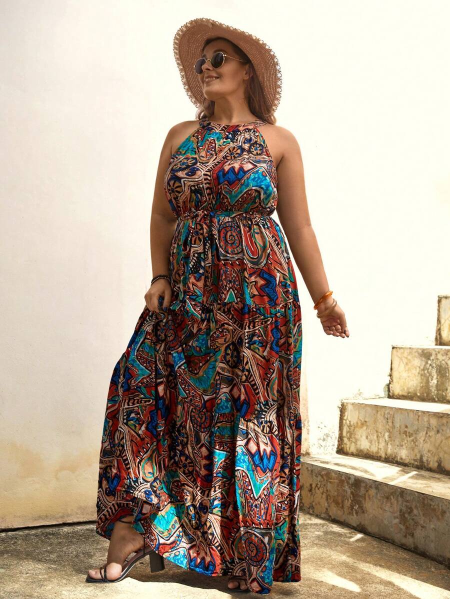 SHEIN VCAY Plus Allover Print Belted Halter Dress - Multicolor - View 1