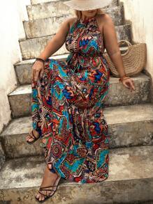 SHEIN VCAY Plus Allover Print Belted Halter Dress - Multicolor - View 4
