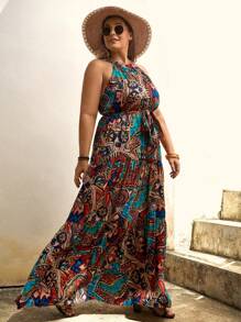 SHEIN VCAY Plus Allover Print Belted Halter Dress - Multicolor - View 5