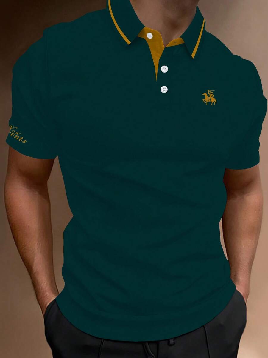 Manfinity Homme 男士人像圖案拼接邊POLO衫 - 墨綠色 - 查看 1