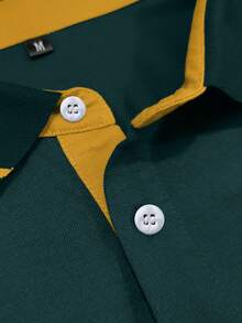 Manfinity Homme 男士人像圖案拼接邊POLO衫 - 墨綠色 - 查看 3