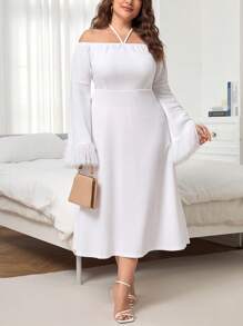 SHEIN Unity Đầm Plus Size Tương phản lông thú giả Buộc lại màu trơn Thanh lịch - trắng - Xem 1