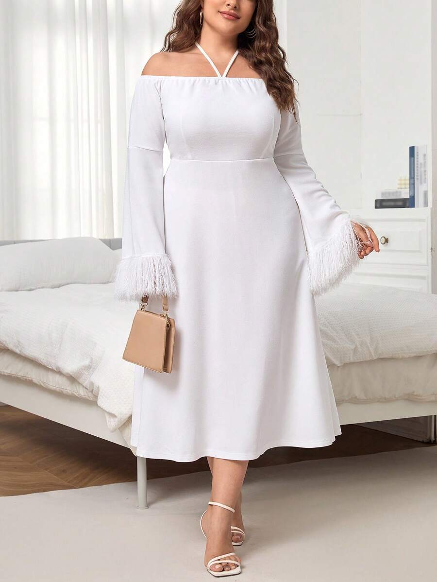 SHEIN Unity Đầm Plus Size Tương phản lông thú giả Buộc lại màu trơn Thanh lịch - trắng - Xem 1
