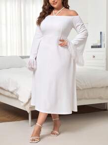 SHEIN Unity Đầm Plus Size Tương phản lông thú giả Buộc lại màu trơn Thanh lịch - trắng - Xem 3