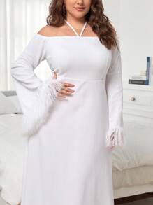 SHEIN Unity Đầm Plus Size Tương phản lông thú giả Buộc lại màu trơn Thanh lịch - trắng - Xem 5