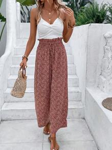 SHEIN Frenchy 碎花紙袋腰闊腿褲 - 棕色 - 查看 1