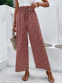 SHEIN Frenchy 碎花紙袋腰闊腿褲 - 棕色 - 查看 3