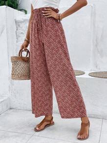 SHEIN Frenchy 碎花紙袋腰闊腿褲 - 棕色 - 查看 5