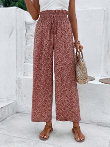 SHEIN Frenchy 碎花紙袋腰闊腿褲 - 棕色 - 查看 6