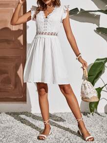 SHEIN Frenchy Vestido panel con encaje ribete con fruncido - Blanco - Ver 6
