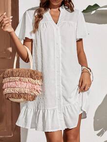 SHEIN Frenchy Swiss Dot Butterfly Sleeve Ruffle Hem Smock Dress - White - View 5