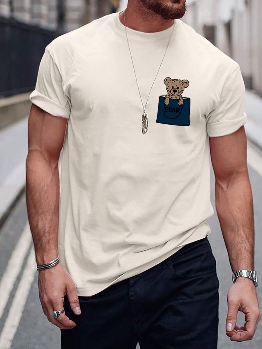 Manfinity Homme 男士小熊印花T恤 - 卡其色 - 查看 1