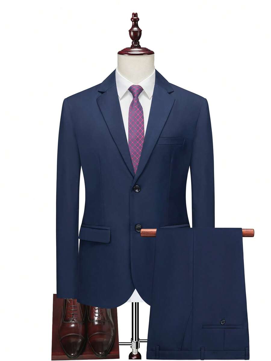 Manfinity Mode Nam 1 Miếng Nút đơn Áo vest & 1 Miếng Quần tây - Màu xanh hải quân - Xem 1