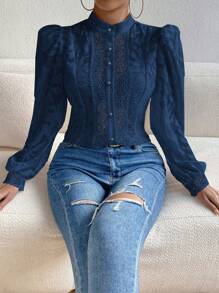 SHEIN Privé Áo sơ mi nữ Tương phản ren Nút phía trước màu trơn Thanh lịch - Màu xanh hải quân - Xem 1