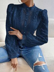 SHEIN Privé Áo sơ mi nữ Tương phản ren Nút phía trước màu trơn Thanh lịch - Màu xanh hải quân - Xem 4