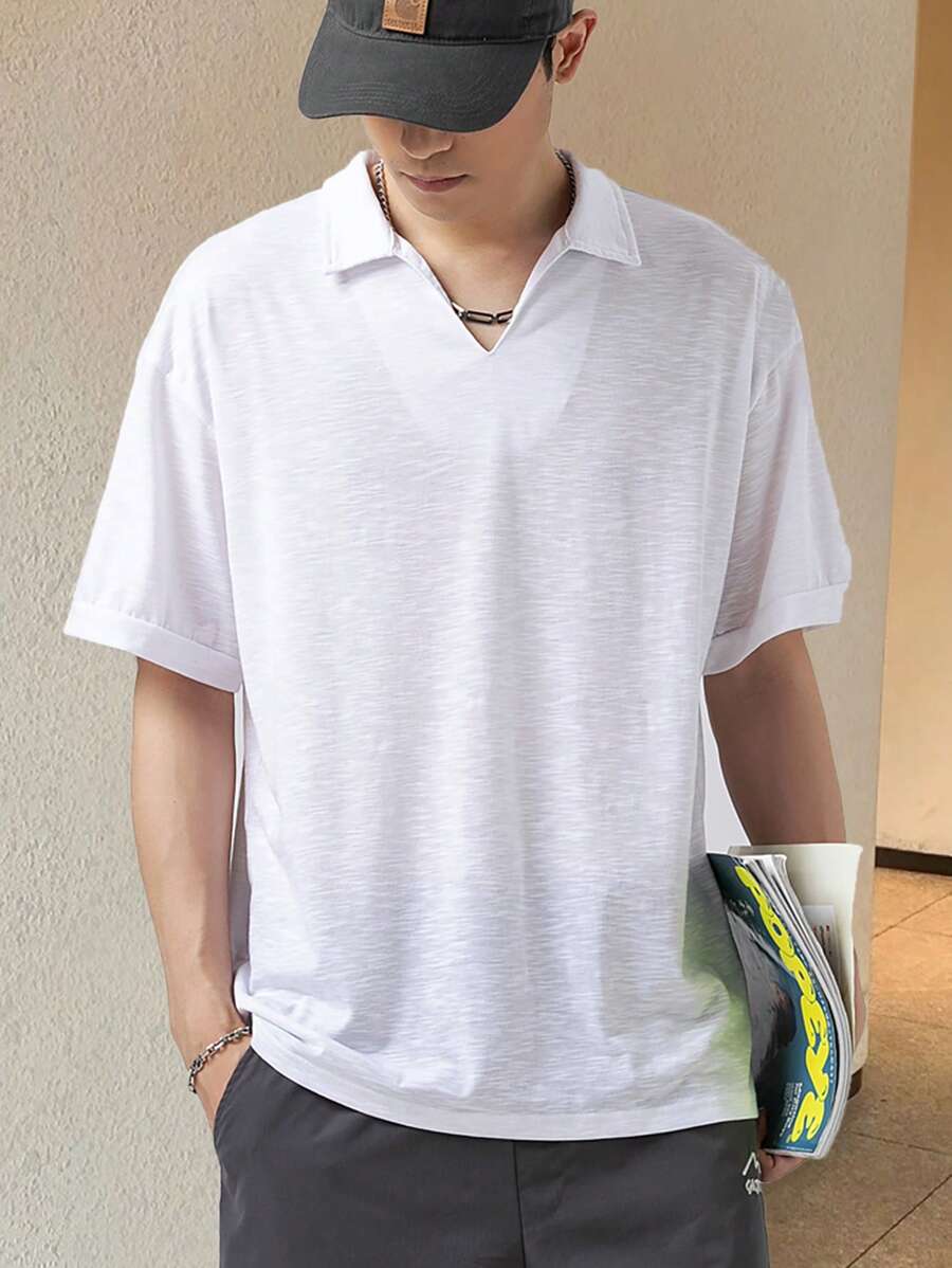 Manfinity Hypemode Hombres Camisa polo unicolor de hombros caídos - Blanco - Ver 1