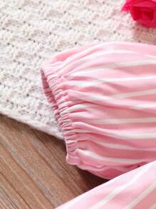 SHEIN 小女童條紋圖案3D兔耳朵挖肩連衣裙附包 - 彩色 - 查看 3