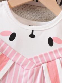 SHEIN 小女童條紋圖案3D兔耳朵挖肩連衣裙附包 - 彩色 - 查看 5